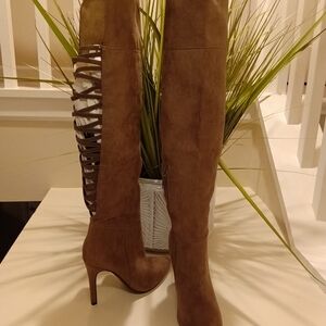 Anne Michelle Tan Over-the-Knee Boots with Lace-Up Detail